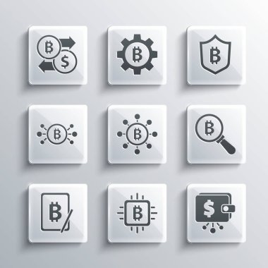 İşlemci çiftliği, kripto para cüzdanı Bitcoin 'li büyüteç, Blockchain teknolojisi tablet, devre, takas ve Shield ikonu madencilik bitcoin. Vektör