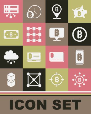 Blockchain teknolojisi Bitcoin 'i, madencilik bitcoin' ini cep telefonundan, kripto para biriminden, sunucudan ve simgeden ayarla. Vektör