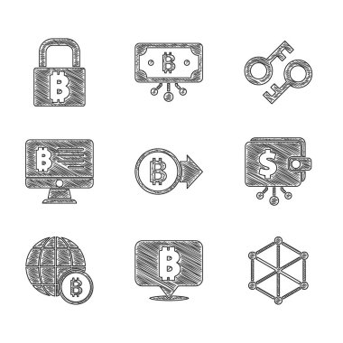Bitcoin, Blockchain teknolojisi, Kripto para cüzdanı, Globe, monitörden madencilik bitcoin, anahtar ve Lock ikonu. Vektör