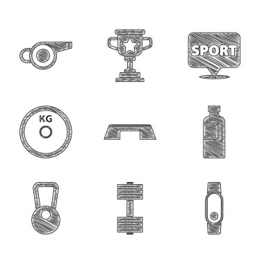 Step platformu, Dumbbell, Smartwatch, Fitness Shack, Kettlebell, ağırlık plakası, spor salonu ve ıslık ikonu. Vektör