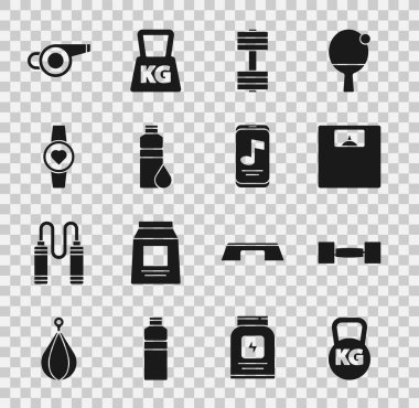 Kettlebell, Dumbbell, Banyo terazisi, Fitness Shaker, Smartwatch, Whistle ve Music player ikonu. Vektör