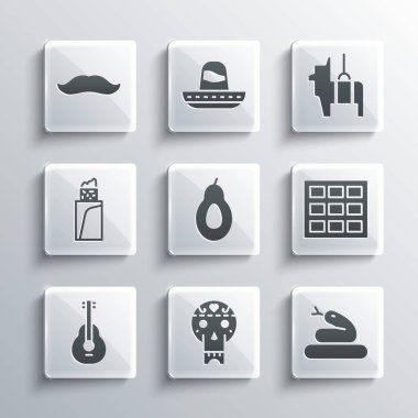 Meksika kafatası, Yılan, Çikolata, Avokado, gitar, Burrito, Bıyık ve Pinata ikonu. Vektör