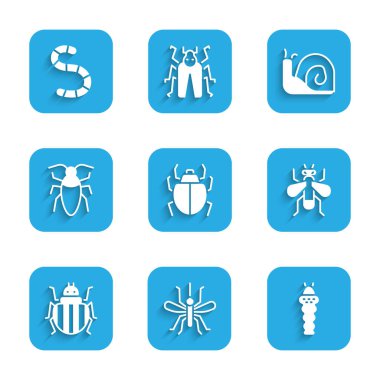 Set Mite, Sivrisinek, Larva Böceği, Böcek Sineği, Colorado Böceği, Hamamböceği, Salyangoz ve Solucan ikonu. Vektör