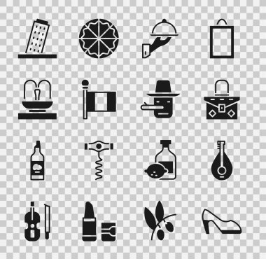 Set Kadını Ayakkabı, Mandolin, Çanta, tepsi dolusu yiyecek, Bayrak İtalya, Çeşme, Kule Pisa ve Pinokyo ikonu ile kaplı. Vektör