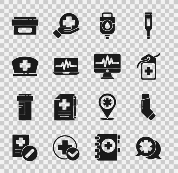 Набор Диалог с врачом, ингалятор, межбольничный медицинский ярлык, IV мешок, ноутбук кардиограмма, медсестра шляпа крест, мазь крем таблетки и значок монитора. Вектор — стоковый вектор