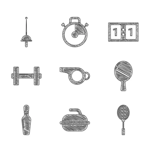 Set Whistle, Piedra para curling juego deportivo, raqueta de tenis, raqueta jugando tenis de mesa, bolos, mancuerna, marcador mecánico deportivo y el icono de esgrima. Vector — Archivo Imágenes Vectoriales