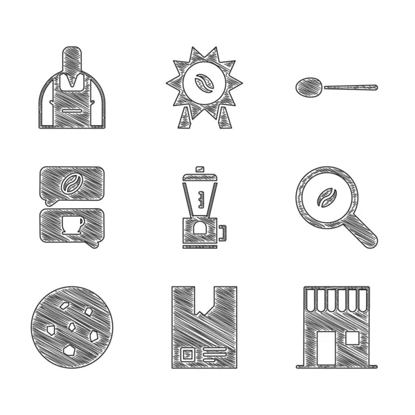 Elektrikli kahve öğütücü, kahve çekirdeği, kahve dükkanı, Selection, Cookie veya bisküvi ve sohbet, Spoon ve Barista ikonu. Vektör