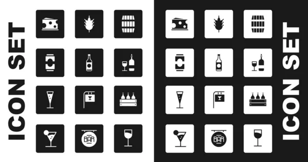 Set barril de madera, botella de cerveza, lata, queso, vino con copa, lúpulo, botellas de vino caja de madera e icono de champán de vidrio. Vector — Archivo Imágenes Vectoriales