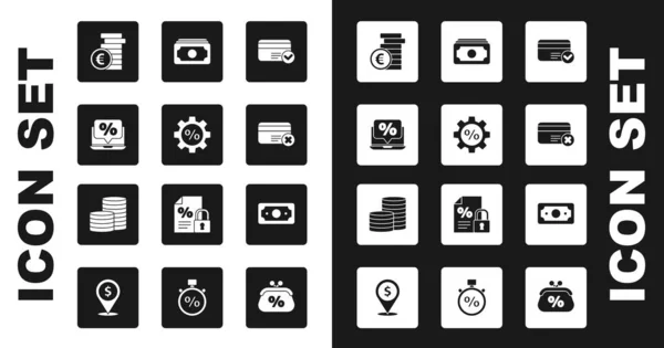 Set Kreditkarte, Getriebe mit Prozent, Prozent Rabatt und Laptop, Münzgeld Euro-Symbol, entfernen, Papiergeld stapeln und Symbol. Vektor — Stockvektor