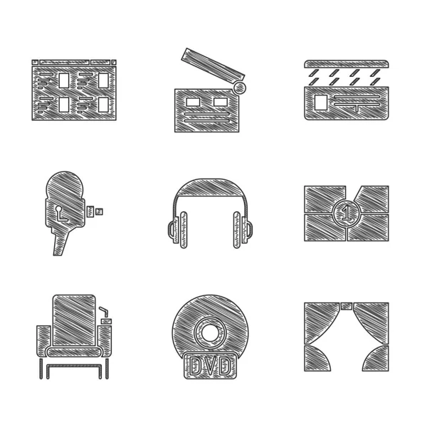 Set Headphones, CD or DVD disk, Curtain, Old film movie countdown frame, Cinema chair, Retro cinema camera, Movie clapper and Online play video icon. Vector — Stock Vector