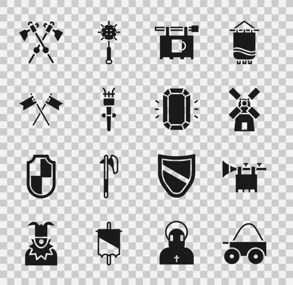 Set Wooden four-wheel cart, Trumpet with flag, Windmill, Street signboard Bar, Torch flame, Crossed medieval, axes and Diamond icon. Vector — Stock Vector