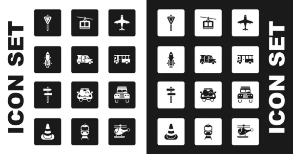 Set Plane, Minibus, Rocket ship with fire, Road traffic signpost, Bus, Cable car, Car and icon. Vector — Stock Vector