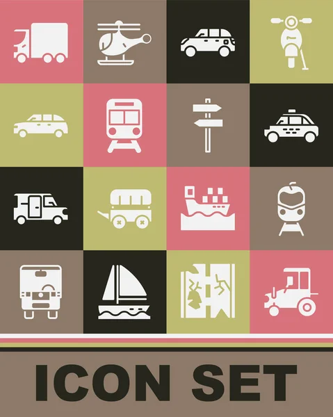 Set Tractor, Tren y ferrocarril, Taxi car, Hatchback, camión de carga de entrega y el icono de la señal de tráfico por carretera. Vector — Vector de stock