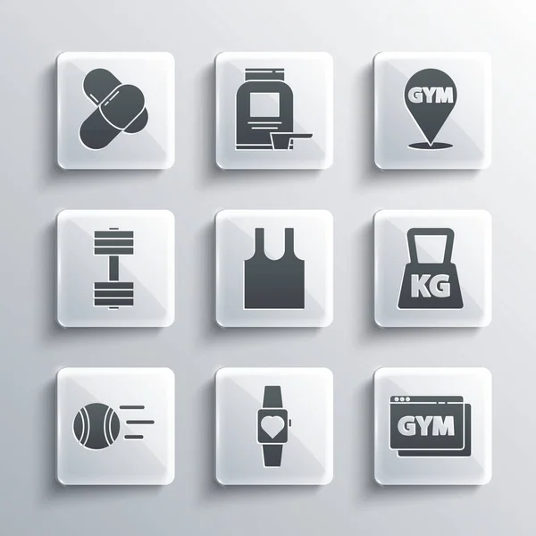Set Smartwatch, Online fitness a trénink, Váha, Tričko bez rukávů, Tenisový míček, Brumbál, Sportovní výživa a umístění ikona tělocvičny. Vektor — Stockový vektor
