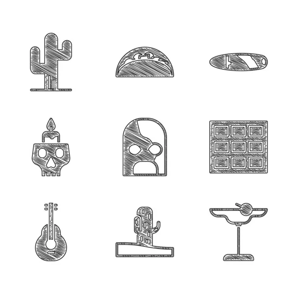 Set de Luchador Mexicano, Cactus, Cóctel Margarita, Chocolate bar, Guitarra, Vela ardiente en el cráneo, Cigarrillo e icono. Vector — Archivo Imágenes Vectoriales