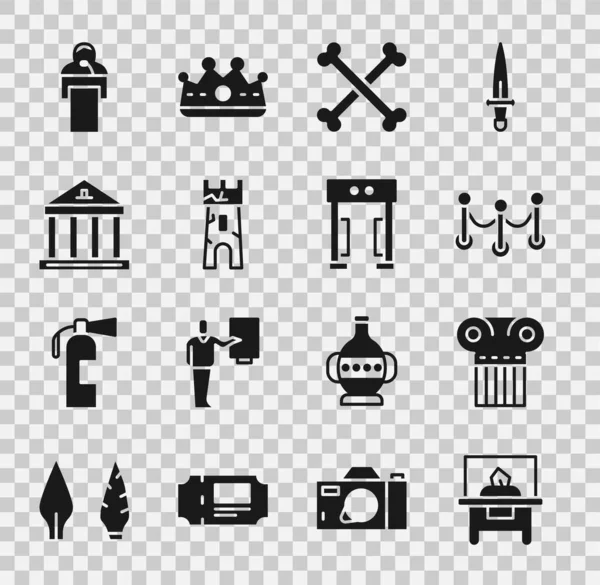 Set Glass showcase for exhibit, Ancient column, Rope barrier, Crossed human bones, Castle tower, Museum building, Gives lecture and Metal detector icon. Vector — Stock Vector