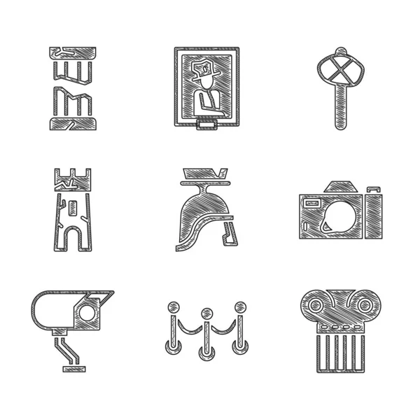 Set Roman army helmet, Rope barrier, Ancient column, Photo camera, Security, Castle tower, Stone age hammer and Broken ancient icon. Vector — Stock Vector