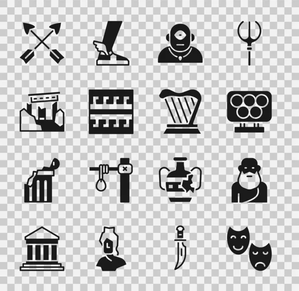 Set Comedy and tragedy masks, Socrates, Olympic rings, Cyclops, Ancient Greek pattern, ruins, Crossed arrows and Harp icon. Vector — Stock Vector