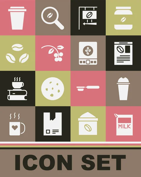 Set paket kertas untuk susu, Milkshake, koran dan kopi, papan nama jalan, biji kopi, cabang, kacang, cangkir untuk pergi dan ikon skala elektronik. Vektor Stok Ilustrasi 