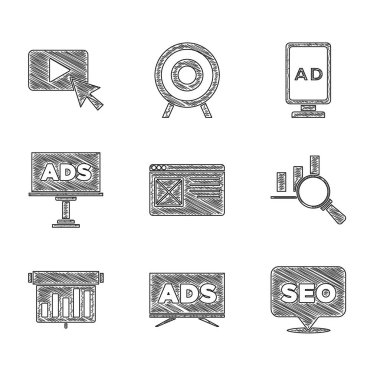Tarayıcı penceresini, Reklamcılığı, SEO optimizasyonunu, büyüteç ve analizini, grafik grafiği ve simgesi olan panoyu ayarlayın. Vektör