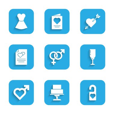 Cinsiyet belirle, düğün pastası lütfen rahatsız etme, bir kadeh şampanya, erkek cinsiyetli kalp, tebrik kartı, aşk kalbi ve ok ve kadın elbise ikonu. Vektör