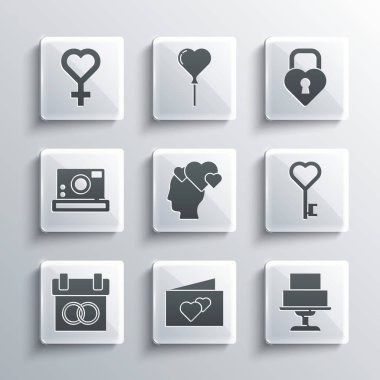 Tebrik kartı, düğün pastası, anahtar kalp şekli, baş takvimi, fotoğraf makinesi, kadın cinsiyet sembolü ve Castle ikon. Vektör