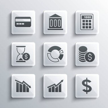 Finansal büyüme artışı, dolar sembolü, dolarla bozuk para parası, pasta grafiği bilgisi, azalma, kum saati, kredi kartı ve hesap makinesi simgesi. Vektör