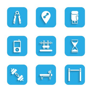 Barbel, Horizontal, Old hourglass, Dumbbell, Music player, Boks eldiveni ve Sport genişletici ikonu ile Bench 'i ayarlayın. Vektör