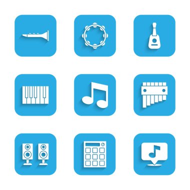 Set Notası, Ton, Davul Makinesi, Müzikal, Pan Flüt, Stereo Hoparlörü, Grand piano, Gitar ve Klarnet ikonu. Vektör