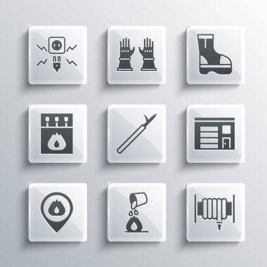 Yangın söndürme tüpü, yangın hortumu, istasyon binası, metal mızrak direği, alev, kibrit kutusu ve kibritle konumu, elektrik kıvılcımı ve bot ikonu ayarlayın. Vektör