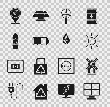 Güneş enerjisi paneli, rüzgar türbini, batarya, ampul, yaprak ve yapraklı konum veya yaprak simgesini ayarla. Vektör