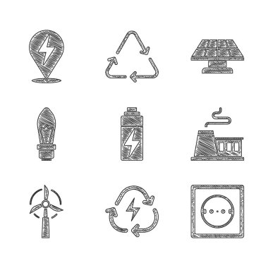 Bataryayı geri dönüşümlü, elektrik prizi, fabrika, rüzgar türbini, ampul, güneş enerjisi paneli ve şimşek cıvata ikonu ile ayarla. Vektör