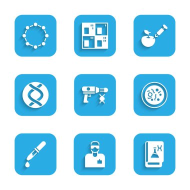 Transfer silahı, laboratuvar asistanı, Genetik Mühendisliği kitabı, Bakteri, Pipette, DNA sembolü, genetik olarak modifiye edilmiş elma ve kimyasal formül ikonu. Vektör