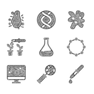 Test tüpü ve matara, DNA araştırması, arama, Pipette, kimyasal formül, genetik mühendislik modifikasyonu, bitki, hücre ve bakteri ikonu. Vektör