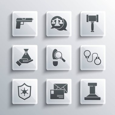 Zarf, Pul, Kelepçe, Ayak Adımları, Polis rozeti, Rüşvet Para Çantası, Tabanca veya Silah ve Yargıç Tokmak. Vektör