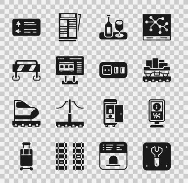 Demiryolu onarımı, danışma standı, yük vagonu, camlı şarap şişesi bilet ofisi, trafik bariyeri, trafik levhası ve elektrik çıkış ikonu. Vektör