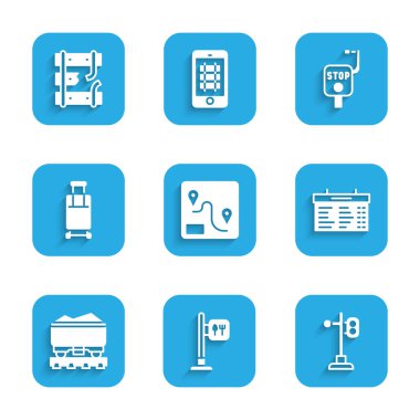 Rotayı, kafe ve restoranı, tren trafik ışıklarını, istasyon panosunu, kömür vagonunu, bavulu, acil durum frenini ve kırık demiryolu ikonunu ayarlayın. Vektör