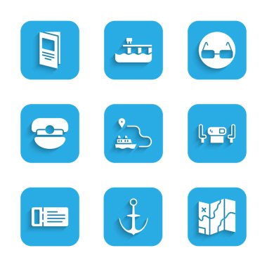 Gemi hattı rotası, Anchor, Katlanmış harita, Poker masası, Cruise bileti, Kaptan şapka, Gözlük ve Broşür simgesi. Vektör