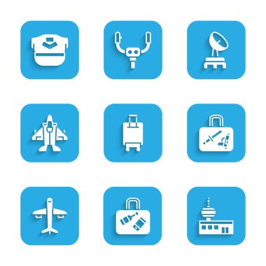 Bavul, havaalanı kontrol kulesi, uçak, jet uçağı, radar ve pilot şapka ikonu ayarlayın. Vektör