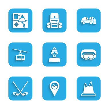 Set kış sporcusu, dağ, dağ, kayak gözlüğü, buz hokeyi sopası, kablo TV, yüzey ve katlanmış harita ikonu olan yer. Vektör