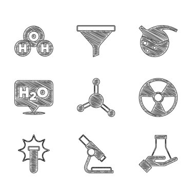 Molekül, mikroskop, deney tüpü ve matara, radyoaktif, kimyasal patlama, H2O formülü ve ikon. Vektör