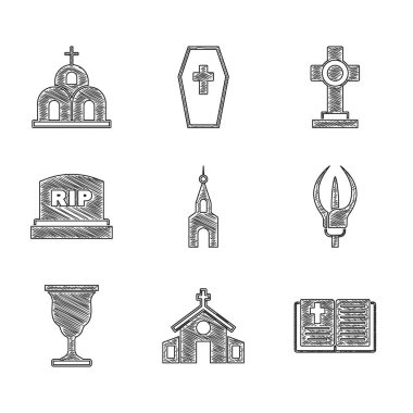 Kilise binası, kutsal İncil kitabı, Lily çiçeği, Hıristiyan kadehi RIP yazılı Tombstone, mezar haçı ve ikonu. Vektör