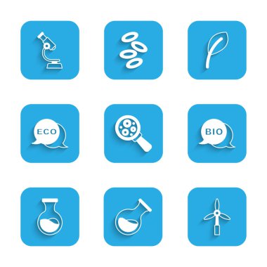 Mikroorganizmaları büyüteç, deney tüpü ve matara, rüzgar türbini, biyosağlıklı besin, ekolojik etiket, yapraklar ve mikroskop simgesi altında ayarla. Vektör