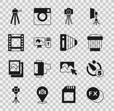 Fotoğraf makinesi fx, kamera zamanlayıcısı, fotoğraf lensi, rötuşlama, rulo kartuşu, tripod ve simgeyi ayarla. Vektör