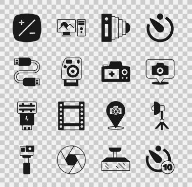 Kamera zamanlayıcısı, Softbox ışığı, fotoğraf makinesi, USB kablo kablosu, maruz kalma tazminatı ve simge ayarla. Vektör