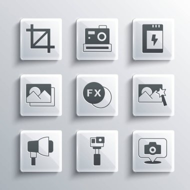 Eylem kamerası, fotoğraf makinesi, rötuş, fx, Softbox ışığı, çerçeve, resim mahsulü fotoğrafı ve simge için pil ayarlayın. Vektör