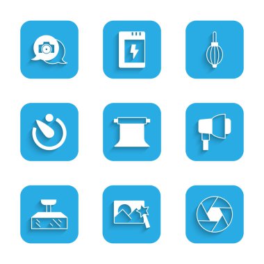 Boş fotoğraf stüdyosu, fotoğraf makinesi rötuşlama, kamera deklanşörü, Softbox ışığı, zamanlayıcı, toz üfleyici ve kamera simgesini ayarla. Vektör