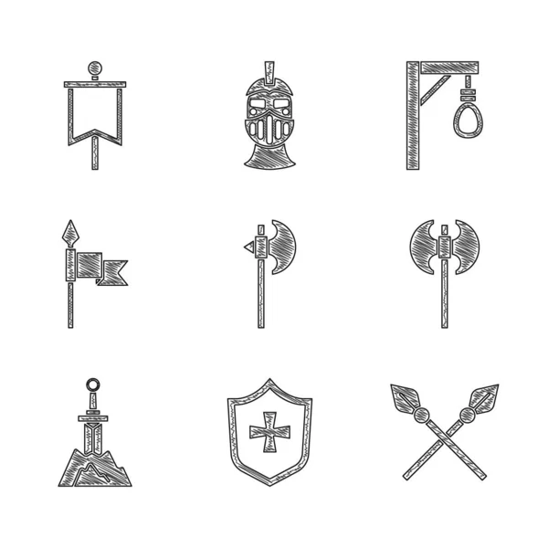 Set Mittelalterliche Axt, Schild, Gekreuzte mittelalterliche Speere, Schwert im Stein, Galgen und Fahnensymbol. Vektor — Stockvektor