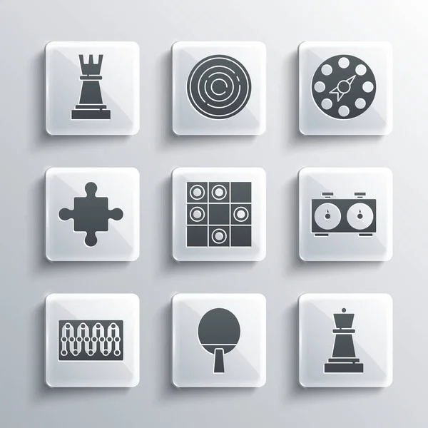 ラケット、チェス、タイムチェスクロック、チェッカーのボードゲーム、パズルピースのおもちゃ、そしてTwisterのアイコンを設定します。ベクトル — ストックベクタ