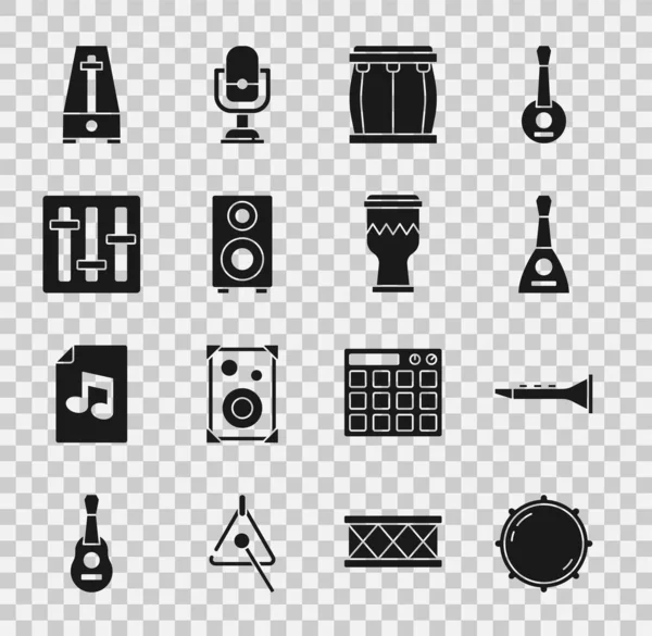 Set Dial knob level, Clarinet, Balalaika, Drum, Stereo speaker, Sound mixer controller, Metronome with pendulum and icon. Vector — Stock Vector